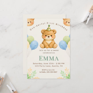 Onederful Bear First Birthday Party Invitation Einladung