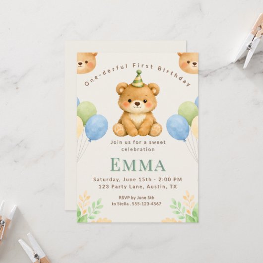 Onederful Bear First Birthday Party Invitation Einladung (Vorderseite/Rückseite Beispiel)