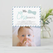 ONEderful Boy Blue Foto 1. Geburtstag Einladung (Stehend Vorderseite)