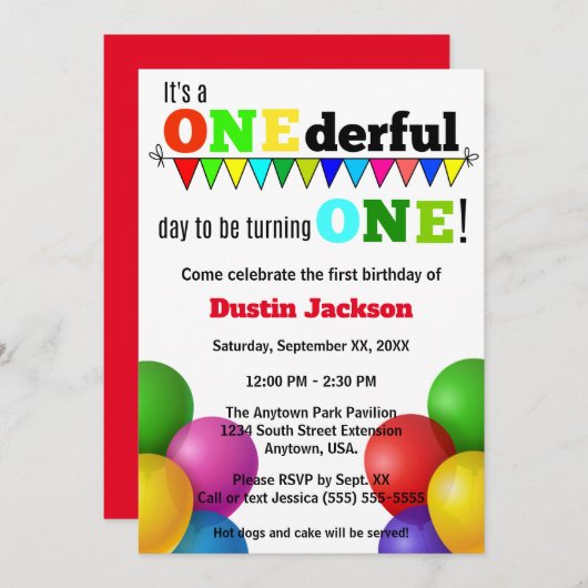 ONEderful Day Bright Balloons Erster Geburtstag Einladung (Vorne/Hinten)