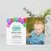 ONEderful First Birthday Balloon Green Foto Einladung (Stehend Vorderseite)