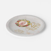Onederful First Birthday Foto Rose Wreath Marble Pappteller (Schrägansicht)