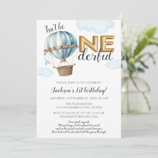 ONEderful First Birthday Gold Foil Hot Air Ballon Einladung (Stehend Vorderseite)