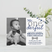 Onederful Foto Invitation, Blue and Silver Einladung (Stehend Vorderseite)