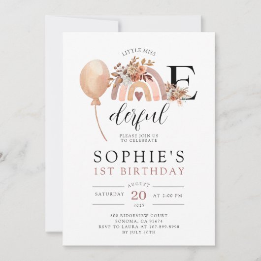 ONEderful Rainbow Girl's Birthday Invitation Einladung (Vorderseite)