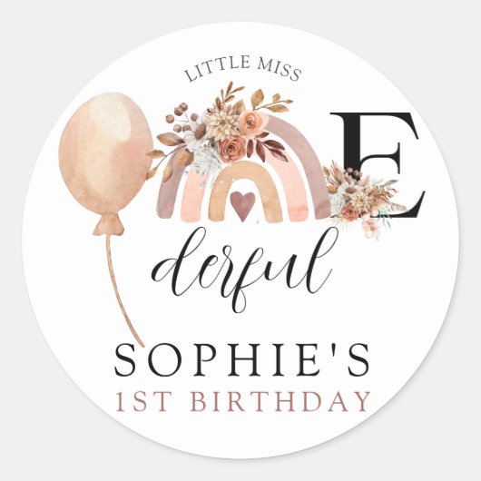 ONEderful Rainbow Girl's Birthday Invitation Runder Aufkleber (Vorderseite)