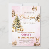 Onederful Winter Christmas Pink 1. Geburtstag Einladung (Vorderseite)