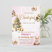 Onederful Winter Christmas Pink 1. Geburtstag Einladung (Stehend Vorderseite)