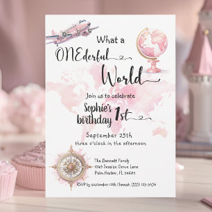 Onederful world pink travel girl 1. Geburtstag Einladung