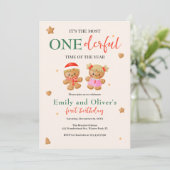 Onederic Joint Christmas Twins 1. Geburtstag Einladung (Stehend Vorderseite)