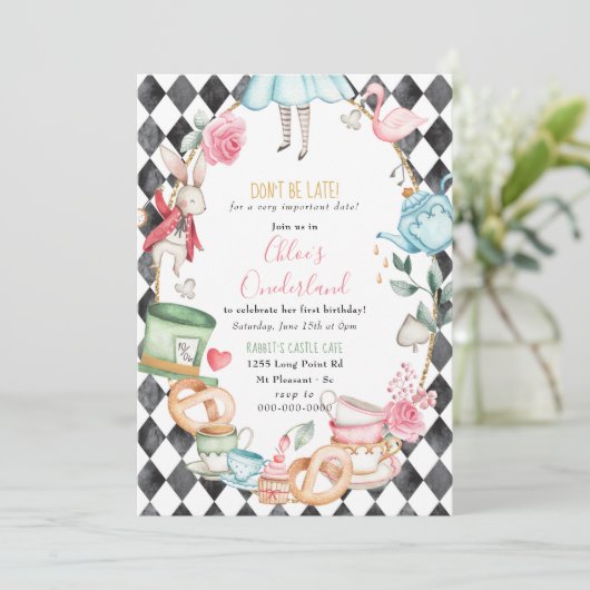 Onederland Alice Mad Tea Party Girl Einladung (Stehend Vorderseite)