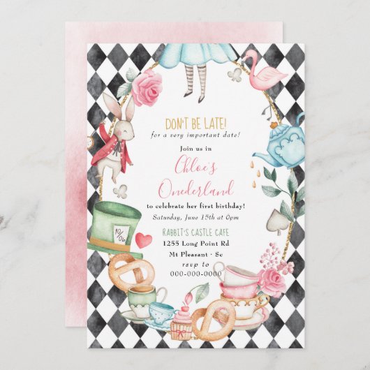 Onederland Alice Mad Tea Party Girl Einladung (Vorne/Hinten)