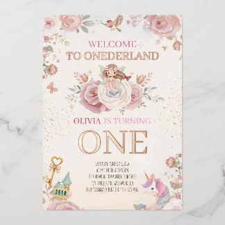 Onederland Floral Erster Geburtstag Mädchen Luxus Folieneinladung