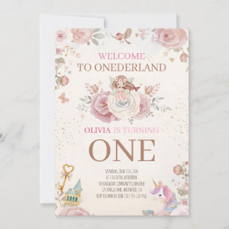 Onederland Floral First Birthday Girl Luxury Einladung