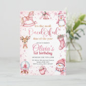 ONEderland Pink Christmas Birthday Party Einladung (Stehend Vorderseite)