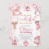 ONEderland Pink Christmas Birthday Party Einladung (Vorne/Hinten)