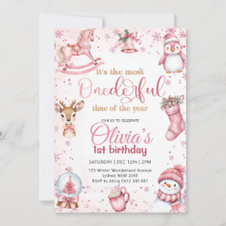 ONEderland Pink Christmas Geburtstagsfeier Einladung