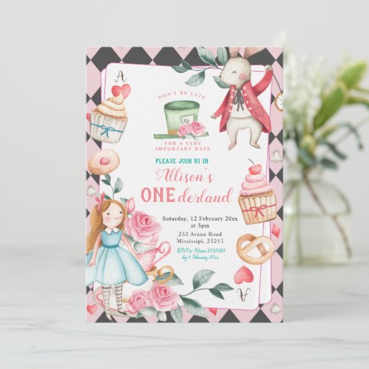 Onederland Tea Party Girl Birthday Einladung (Stehend Vorderseite)