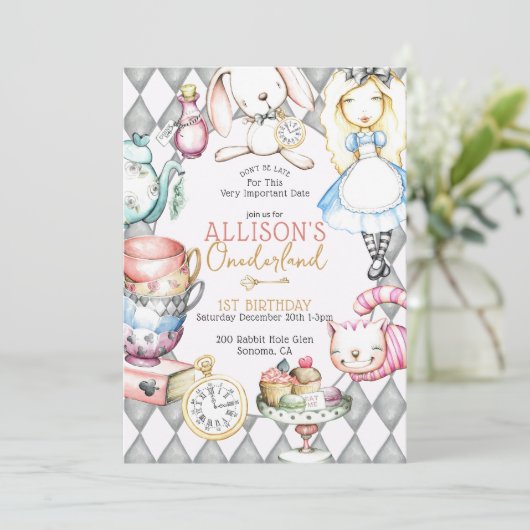 Onederland Tea Tea Party Einladung (Stehend Vorderseite)