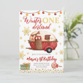 Onederland Weihnachtscamper Kindergeburtstag Einladung (Stehend Vorderseite)