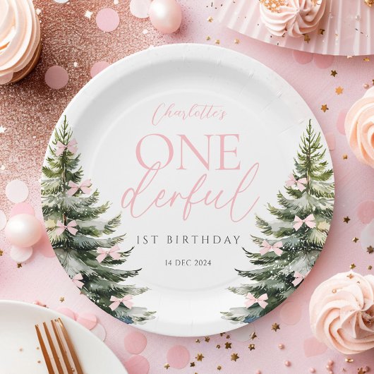 Onederland Winter Pink Bow 1st Birthday Pappteller