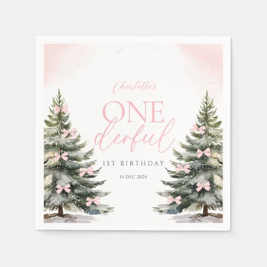 Onederland Winter Pink Bow 1st Birthday Serviette (Vorderseite)