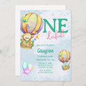 Oneful Hot Air Ballon Blue 1. Geburtstag Einladung (Vorne/Hinten)