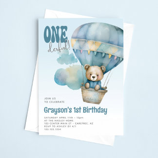 Oneful Hot Air Ballon Blue 1. Geburtstag Einladung
