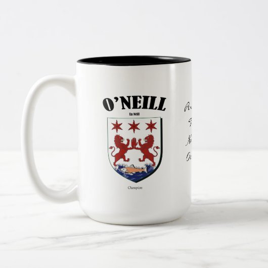 O'Neill Familienwappen, Übersetzung und Bedeutung Zweifarbige Tasse (Links)