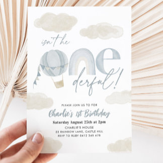 Oneside Hot Air Ballon Blue Boy 1. Geburtstag Einladung