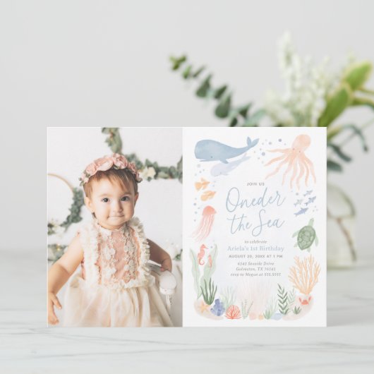 Onethe Sea 1. Geburtstag Foto Einladung (Stehend Vorderseite)