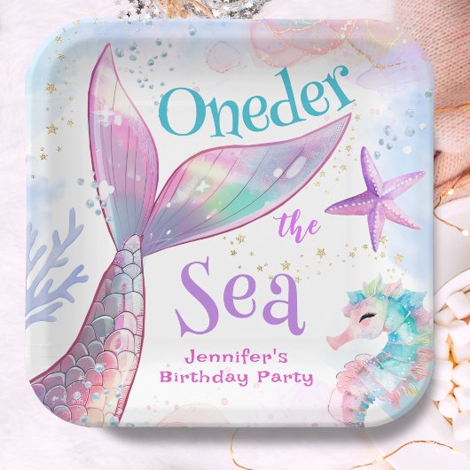 Onethe Sea Mermaid 1. Geburtstag Pink Lila Pappteller