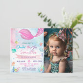 Onethe Sea Mermaid Foto 1. Geburtstag Einladung (Stehend Vorderseite)