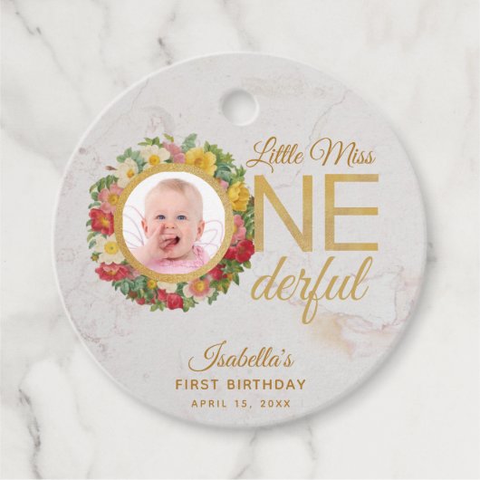 Onetime First Birthday Foto Rose Wreath Floral Geschenkanhänger (Vorderseite)