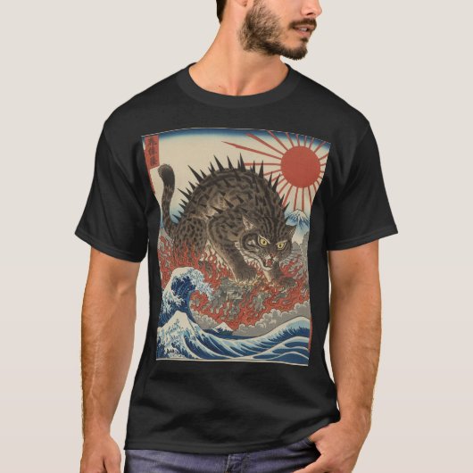 Oni Cat Surging Waves Ukiyo-e Sunrise T-Shirt (Vorderseite)
