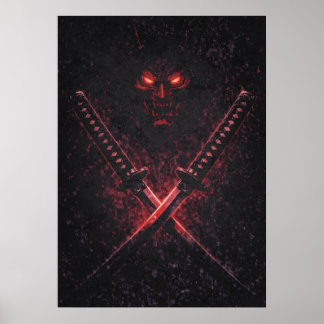Oni-Zwillingsklingen-Samurai, abstrakter surrealer Poster