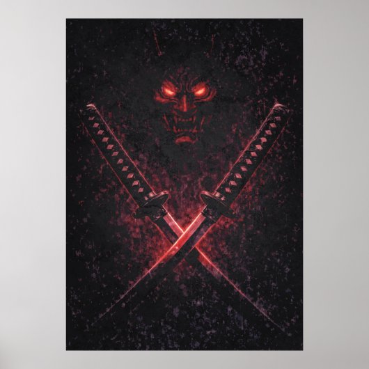Oni-Zwillingsklingen-Samurai, abstrakter surrealer Poster (Vorne)