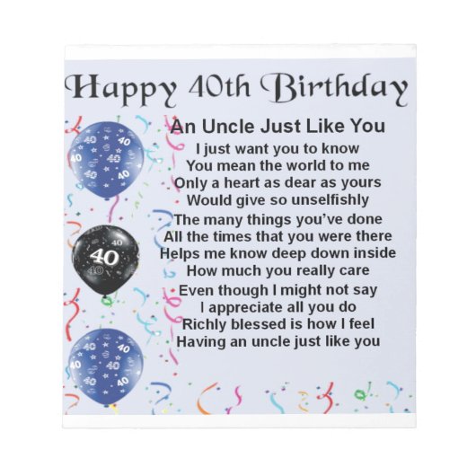 Onkel Gedicht - 40. Geburtstag Notizblock (Vorderseite)