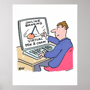 Online Banking Spaß Funny Bank Customer Cartoon Poster