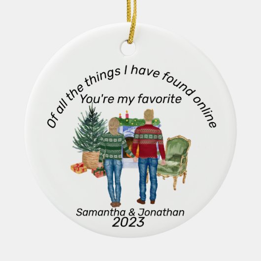 Online Dating Couple Blonde Newlyweds Keramik Ornament (Vorne)