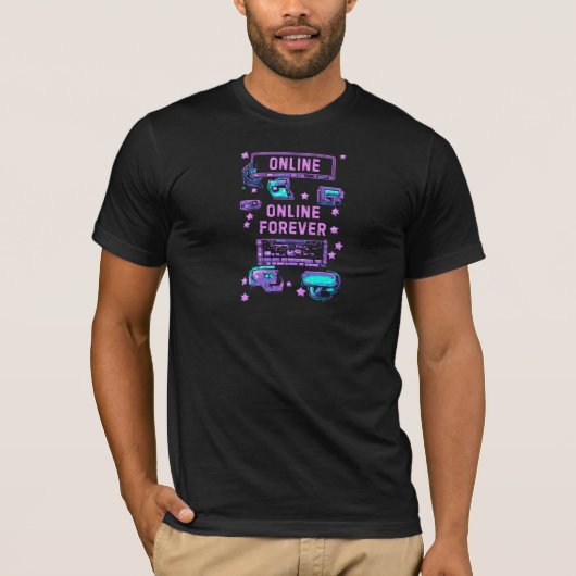 Online Forever Retro Pixel-Tech-Kunstwerk T-Shirt (Vorderseite)