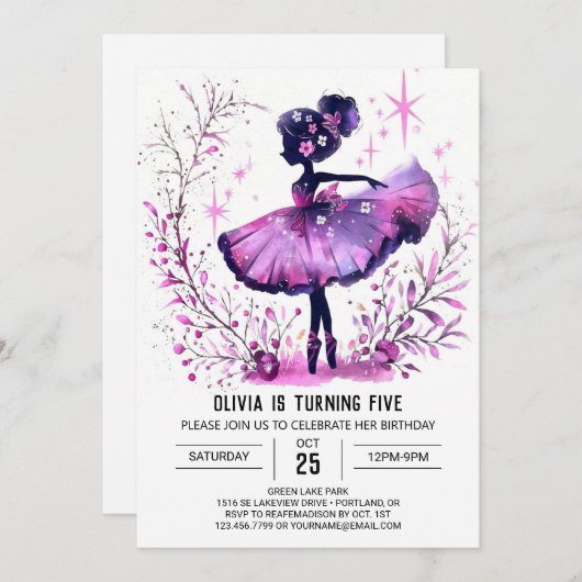Online-Kinder Ballerina Geburtstag Einladung (Vorne/Hinten)