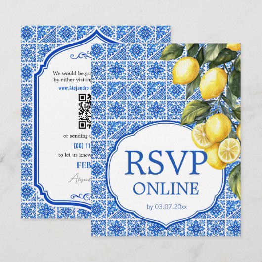 🌈  Online-RSVP + QR-Code Azul & Limone Romance RSVP Karte (Vorne/Hinten)