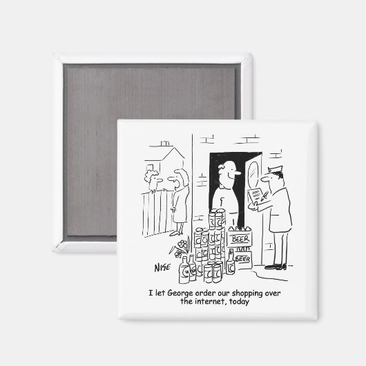 Online Shopping. Husband Orders Beers über das Int Magnet (Vorderseite/Rückseite)