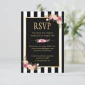 Online UAWG floral Gold Schwarz und Weiß Streifen RSVP Karte (Stehend Vorderseite)