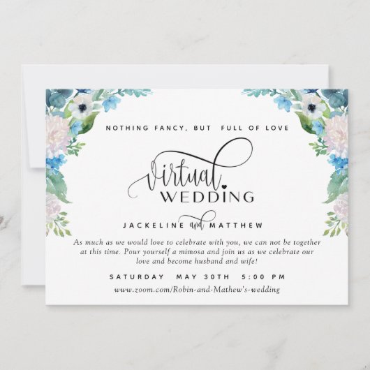 Online Virtual Wedding Blue White and Green Floral Save The Date (Vorderseite)