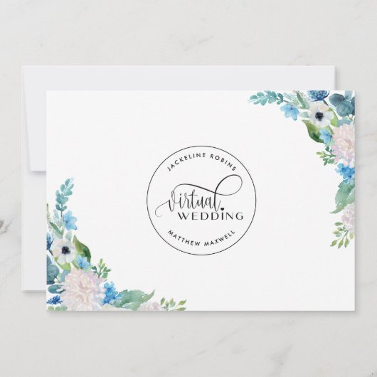 Online Virtual Wedding Blue White and Green Floral Save The Date (Rückseite)