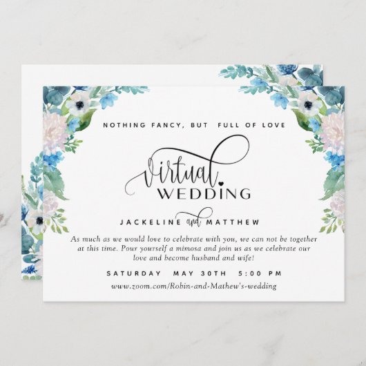 Online Virtual Wedding Blue White and Green Floral Save The Date (Vorne/Hinten)