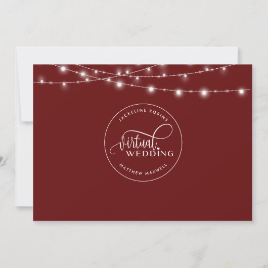 Online Virtual Wedding Burgundy Red, String Lights Save The Date (Rückseite)