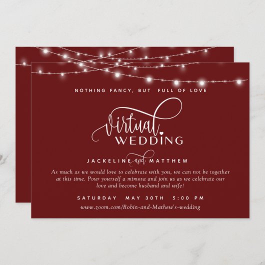 Online Virtual Wedding Burgundy Red, String Lights Save The Date (Vorne/Hinten)
